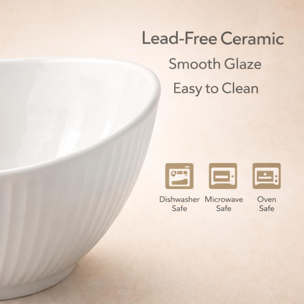 60oz Large Ceramic Salad Bowl with Acacia Wood Utensils, 10" Oval White Serving Bowl for Soup, Pasta, Fruit, Snacks