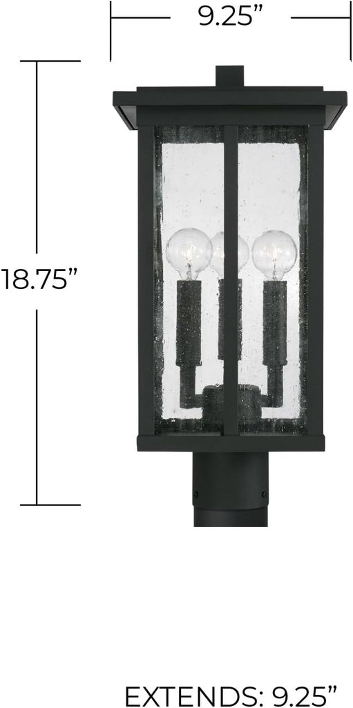 Barrett Antiqued Glass Rectangular Outdoor Post Lantern, 3-Light 180 Total Watts, 19" H x 9" W, Black