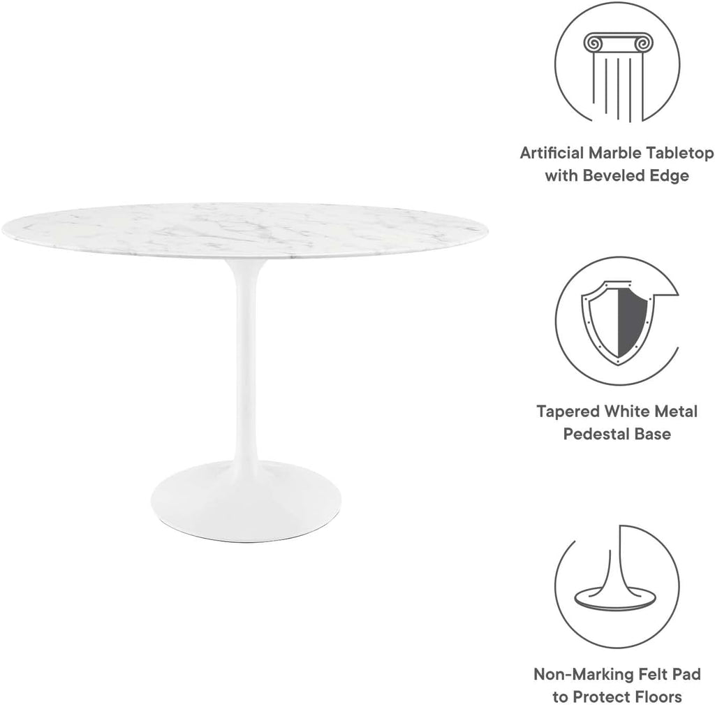 Inspired Tulip Style Oval Pedestal Dining Table — White Base / Marble Top, 48″ Oval