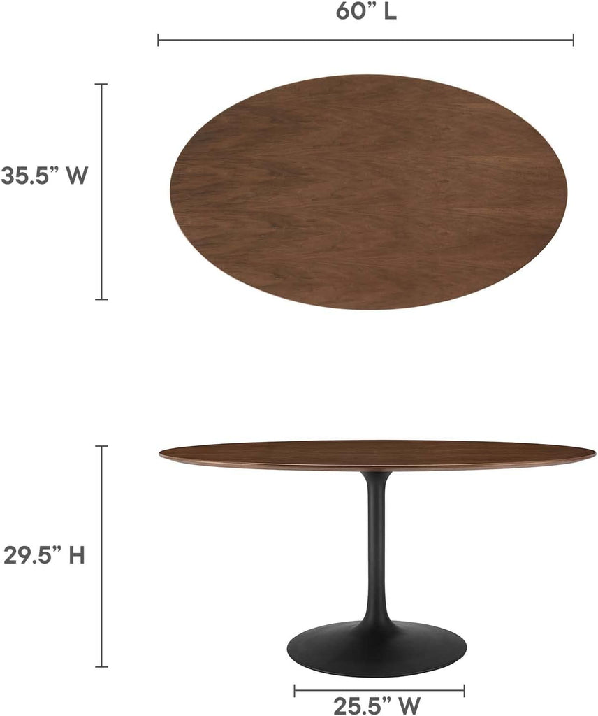 Inspired Tulip Style Oval Pedestal Dining Table — Black Base / Walnut Top, 60″ Oval