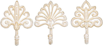Set of 3 Decorative Cast Iron Wall Hooks - Vintage Ornate Design with White Distressed Finish - Heavy Duty Rustic