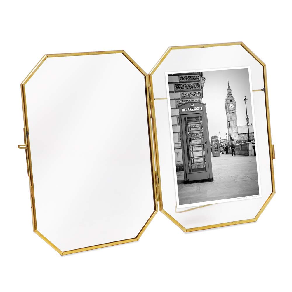 Jacobs 5x7 Vintage Style Octagon Brass & Glass, Metal Floating Picture Frame with Locket Closure (Vertical), Made for