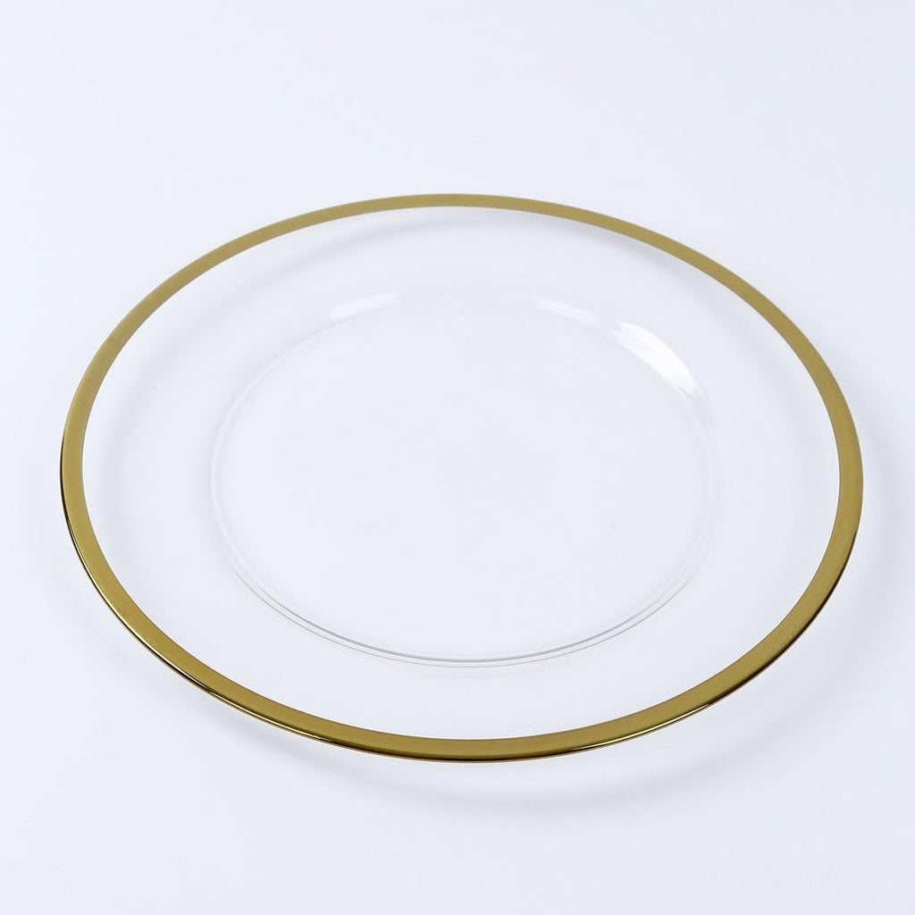 8 Pack Glass Charger Plates 13" Round Clear with Metallic Gold Rim, Decorative Dinner Party Serving Plates