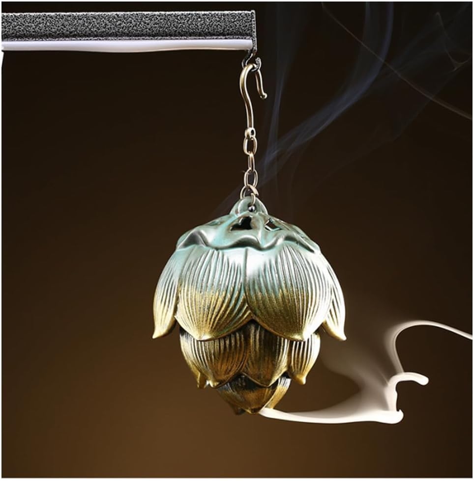 Lotus Furnace Hollow Hanging Ball Incense Burner, Ceramic Backflow Incense Cones and Incense Coil Holder Ornament