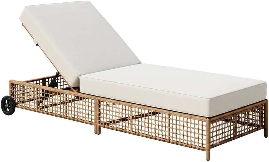 Outdoor Patio Chaise Lounge with Cushion, Acacia Wood and Wicker Sun Lounger, 5-Position Adjustable Backrest, Garden