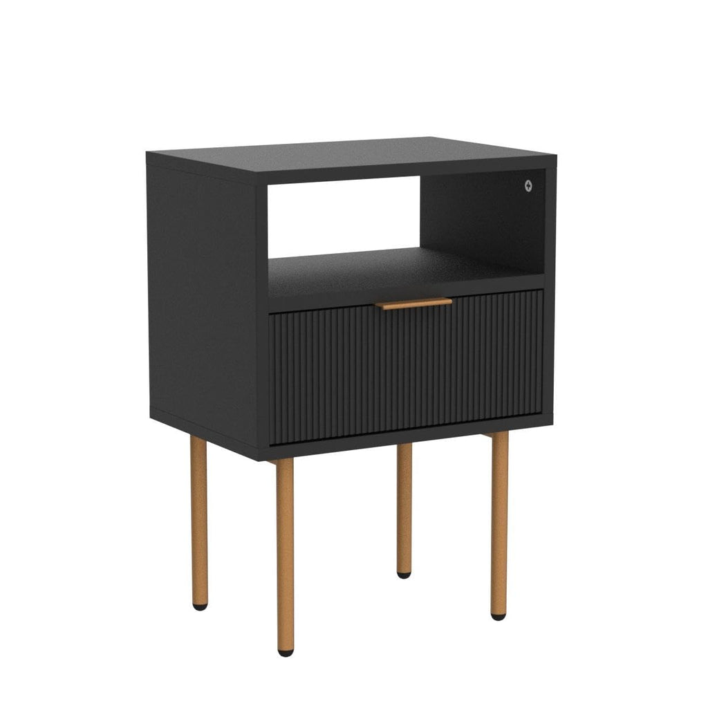 Nightstand, Mid-Century Modern Bedside Table with Storage Drawer and Open Wood Shelf, Small Gold Frame Side Table, Black