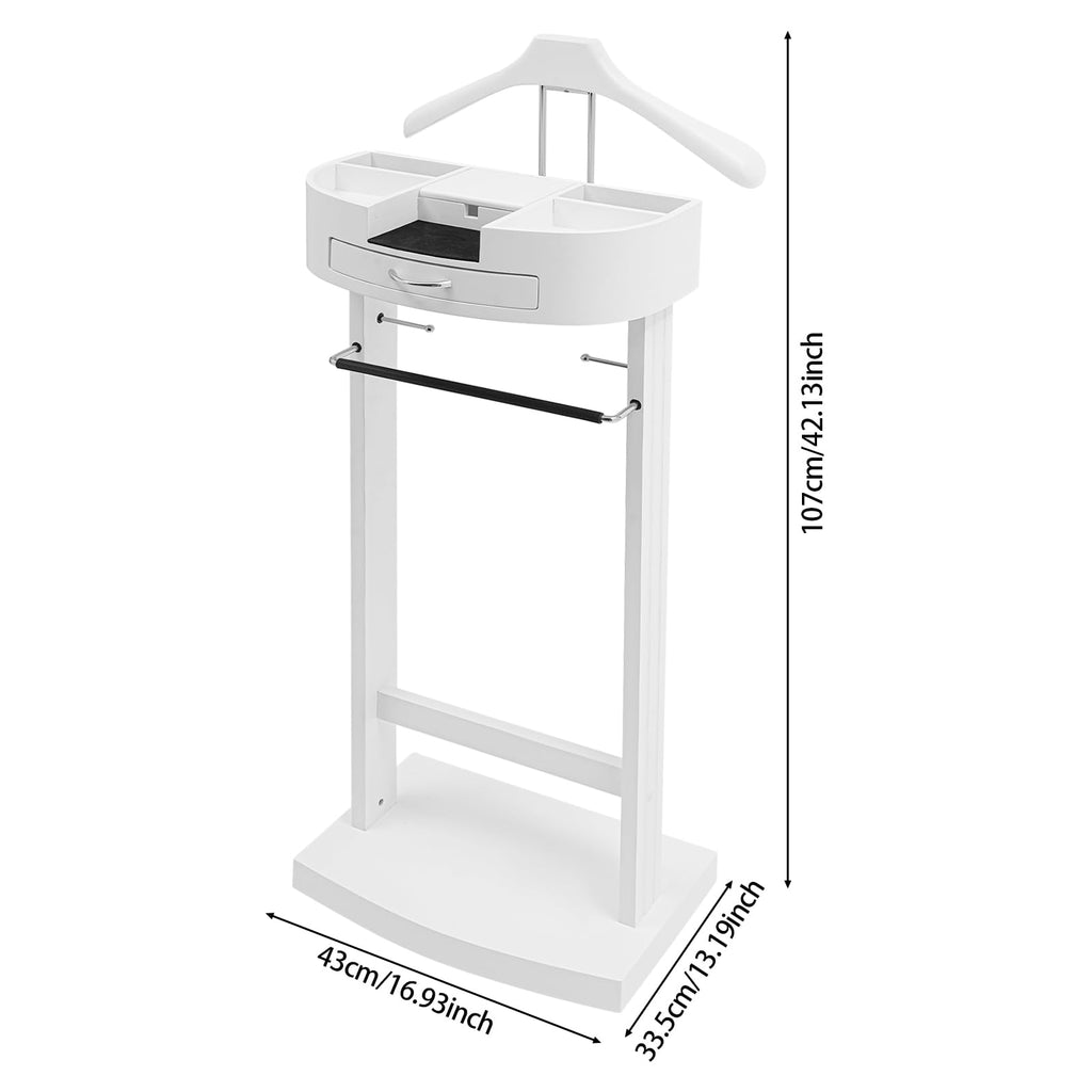 Wooden Valet Stand, Crescent Moon Valet for Men Freestanding Suit Clothes Valet with Drawer, Tray, Contour Hanger