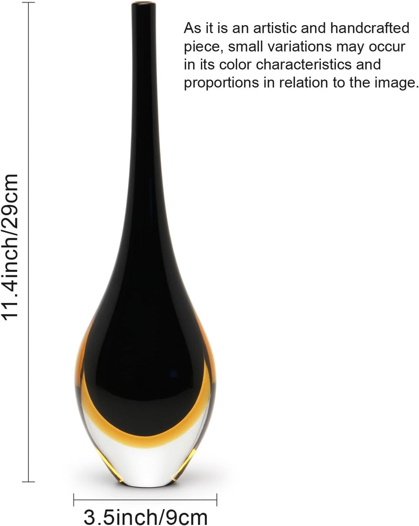 Murano Style Art Glass Drop Vase Hand Blown Black and Amber Home Decor | Hand Blown Glass Drop, Decorative Table