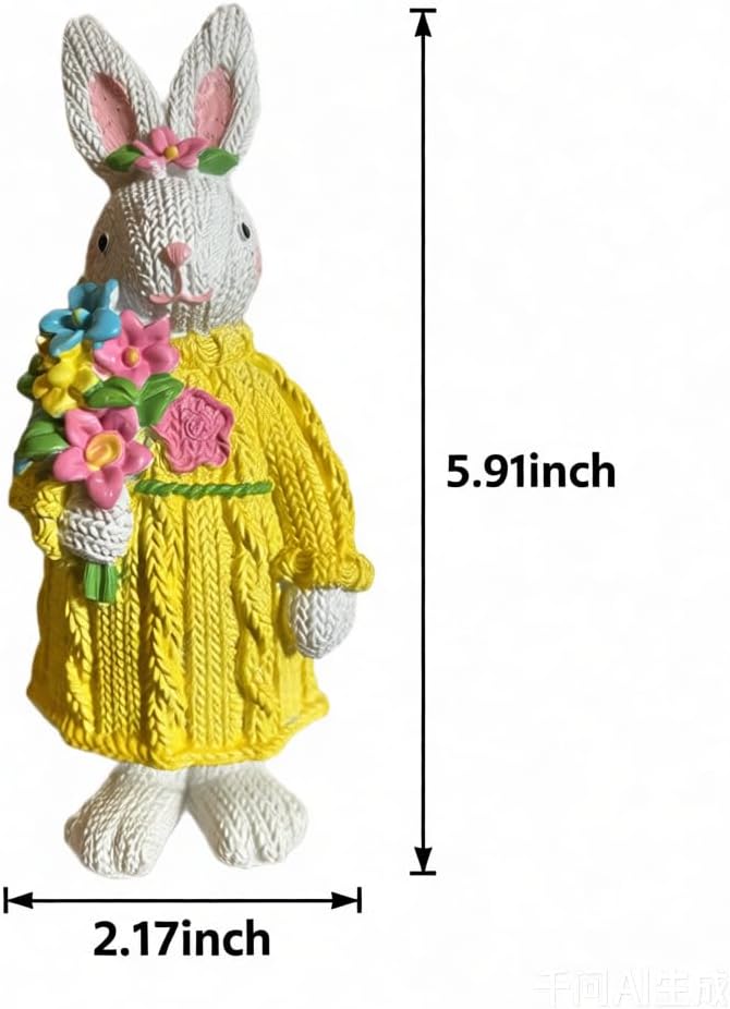 Easter Decorations Bunny Table Decor Rabbit Figurine - Knitted Texture Resin Rabbit Figurine with Flower Bouquet