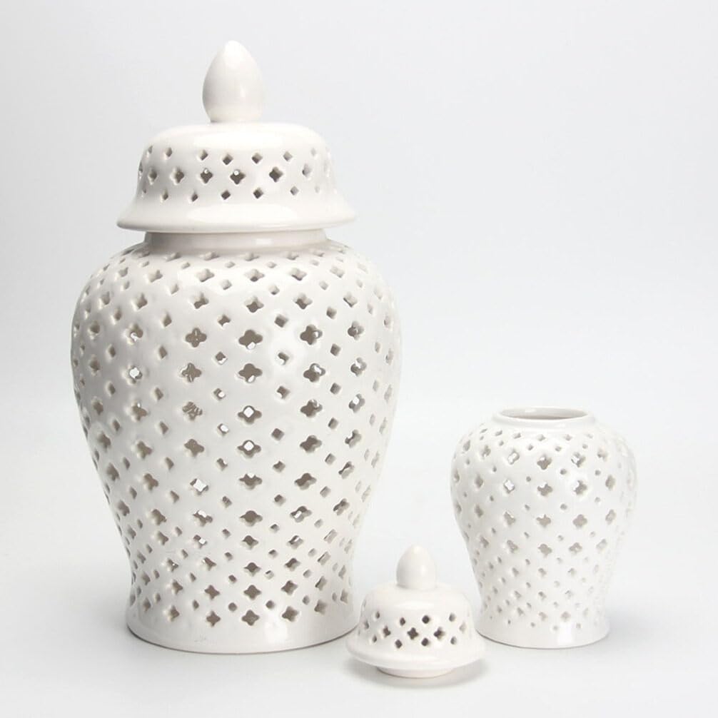 Ginger Jar Traditional Pierced Ginger Jar with Lid Ceramic Flower Vase Carved Lattice Decorative Temple Jar White