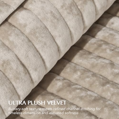 Stripe Channel Velvet Quilt Set, Beige Taupe – Luxury Plush Bedspread Coverlet with 2 Shams