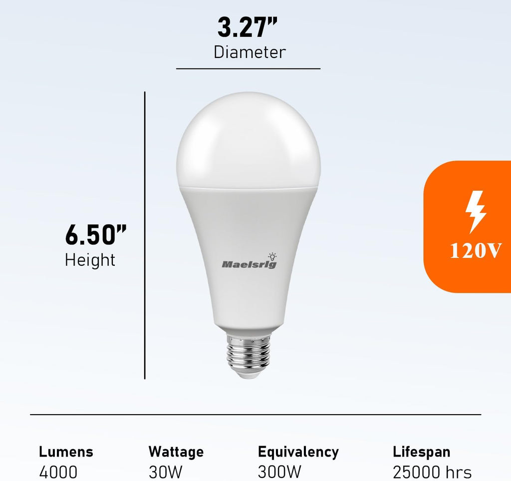 300W Equivalent LED Bulb, 30W 4000 Lumens Daylight 5000K, E26 Base, 120V, Non-Dimmable, 4-Pack - Replaces 300 Watt