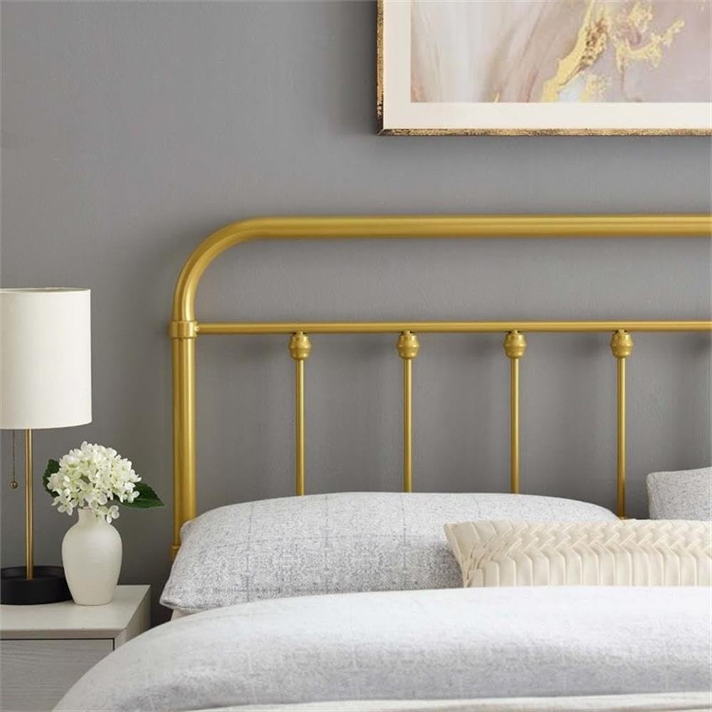 King Metal Headboard with Adjustable Height, Gold Powder-Coated Iron, Modern Farmhouse Design, 7 Mounting Positions