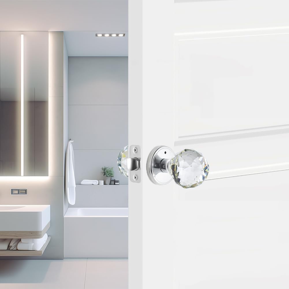 Glass Door Knobs Interior with Lock, Polished Chrome Crystal Privacy Round Door Knobs Bathroom