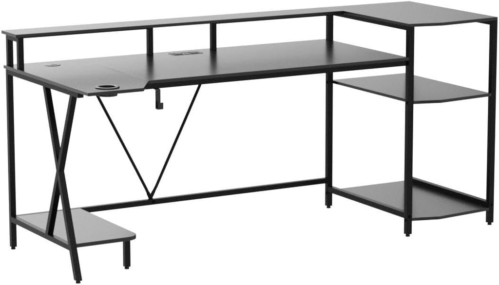 Gaming Desk 70.8'' with LED Lights, Storage Shelves,Power Outlets | Computer Desk with Monitor Stand and Cup Holder