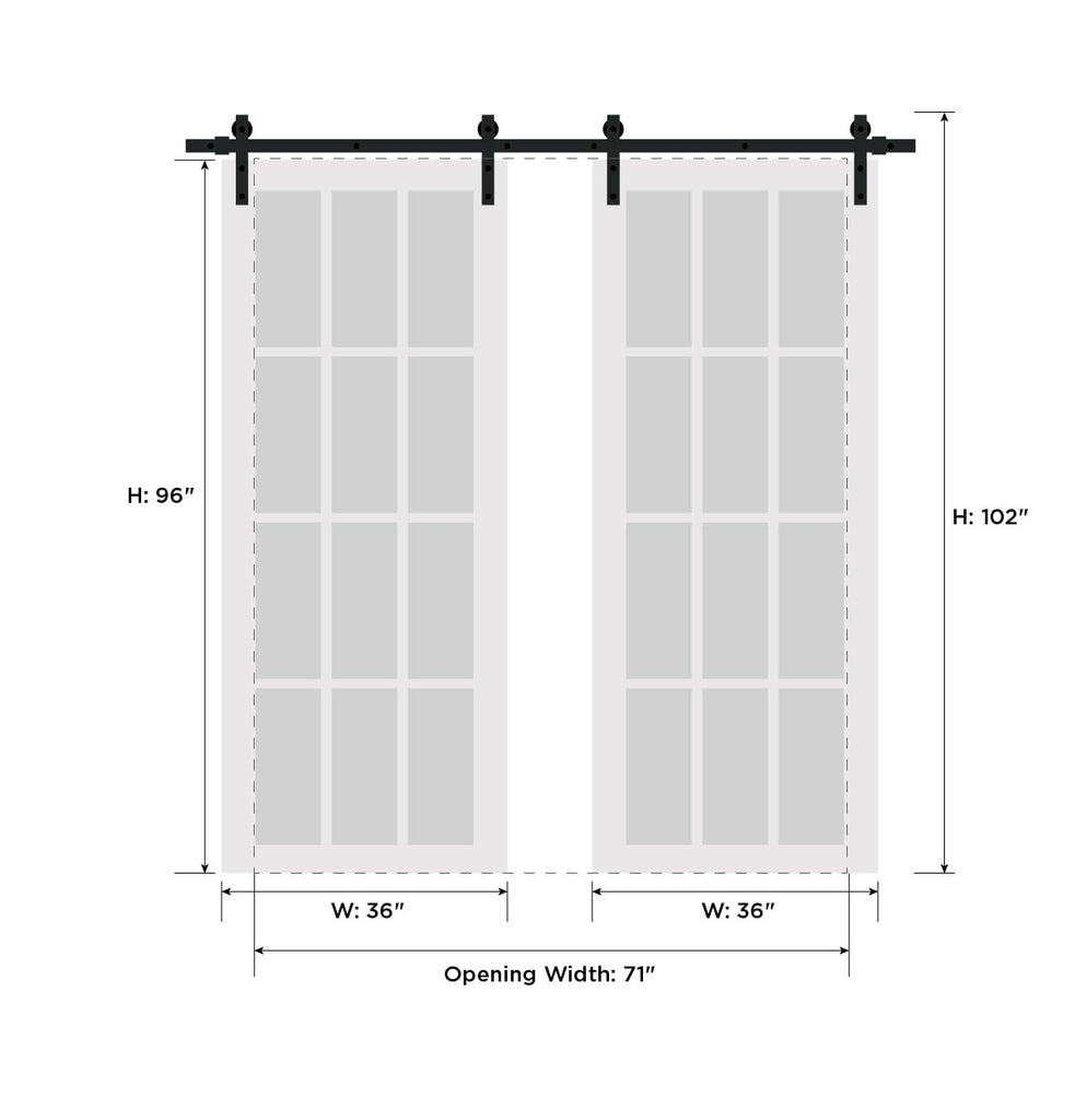 Sliding Double Barn Doors 72 x 96 inches | Quadro 4088 White | Double Barn Doors | Frosted Glass MDF Hardware