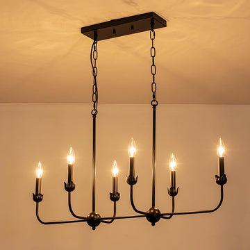 Modern Black 6-Light Linear Chandelier, E12 Base, Adjustable Chain Lighting Fixture Island, Dining Room, or Long Table