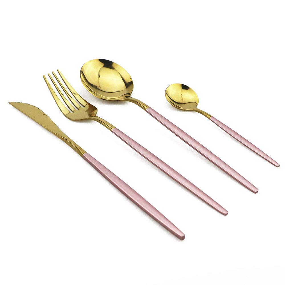24-Piece Flatware Set, 18/0 Stainless Steel Knife Fork Spoon Teaspoon Silverware Set, Service for 6, Pink Handle Gold