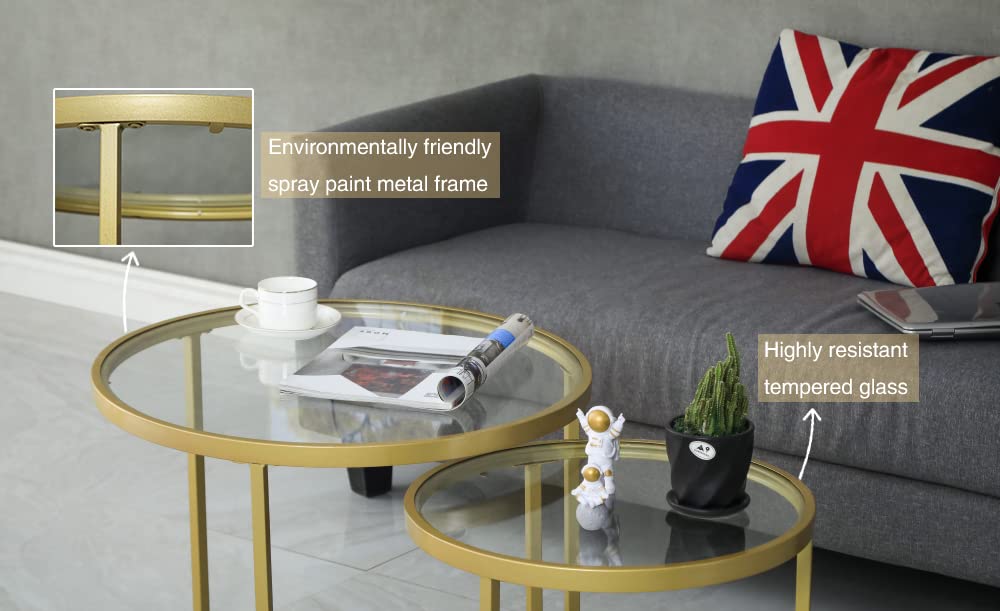 Round Nesting Coffee Gold Set of 2, Modern Side Tables with Sturdy Metal Frame and Tempered Glass.Minimalist End