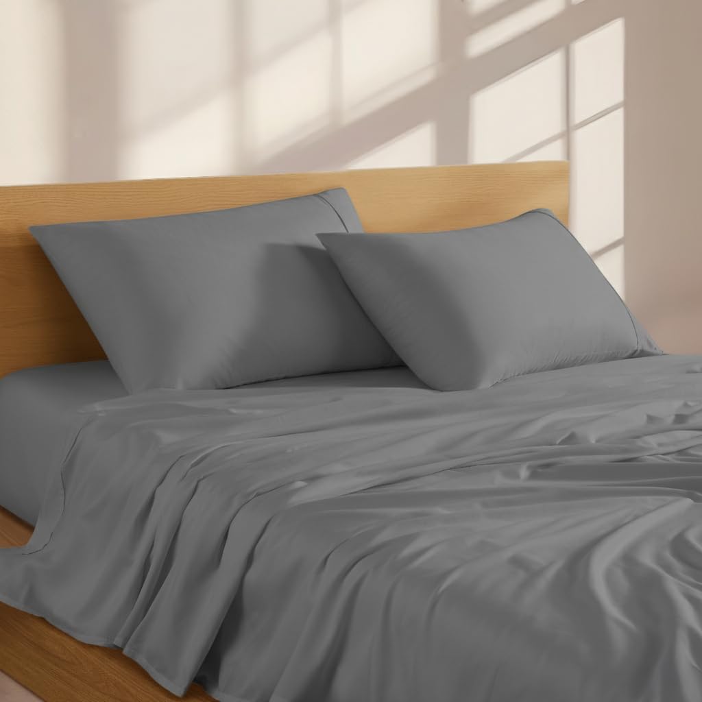 4Pc 100% Organic Cotton King Size Sheets Set, Grey, 300 Thread Count, Naturally Derived EarthColors, Deep Pocket