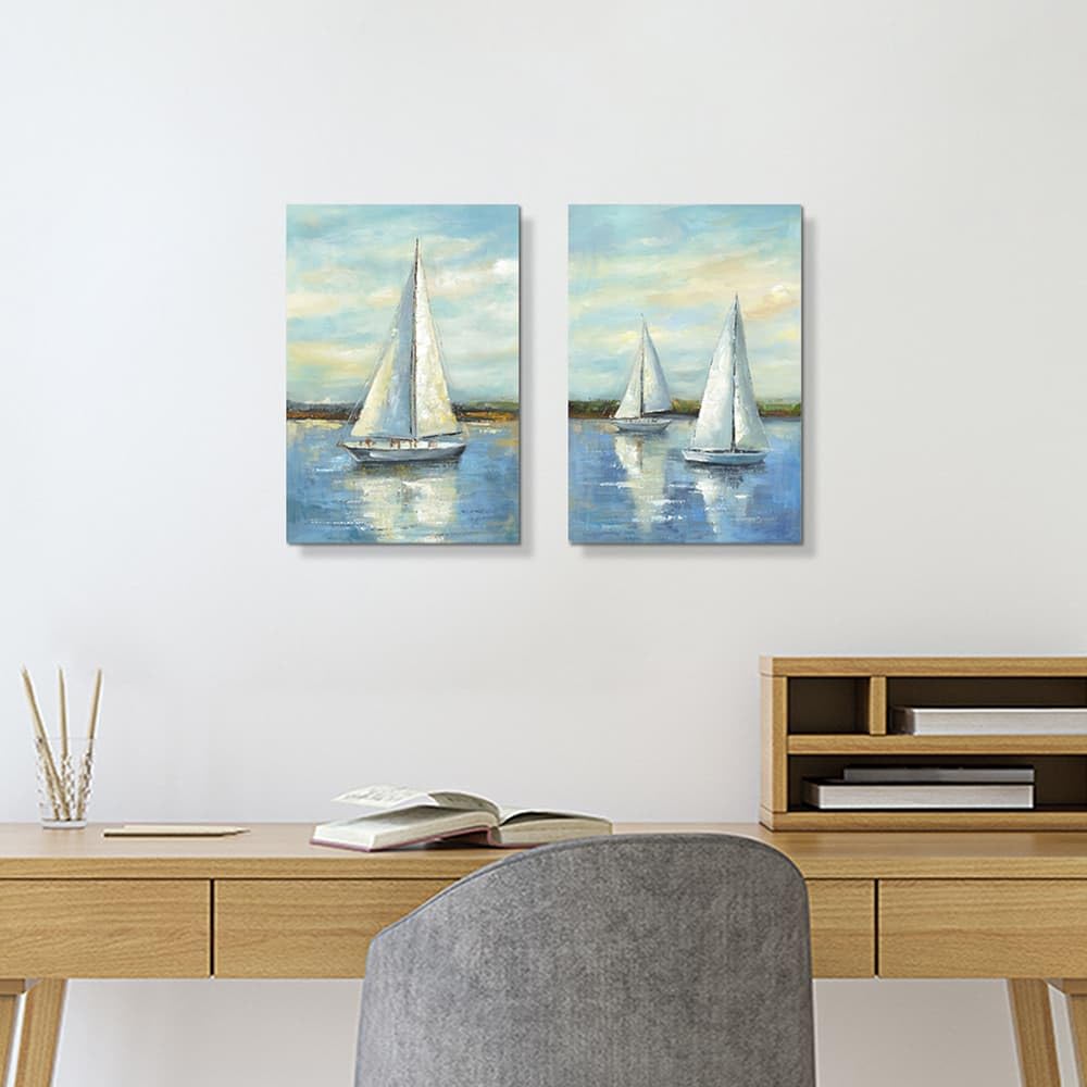 2 PCS Coastal Nautical Sailboat Canvas Wall Art 11x16 Inch