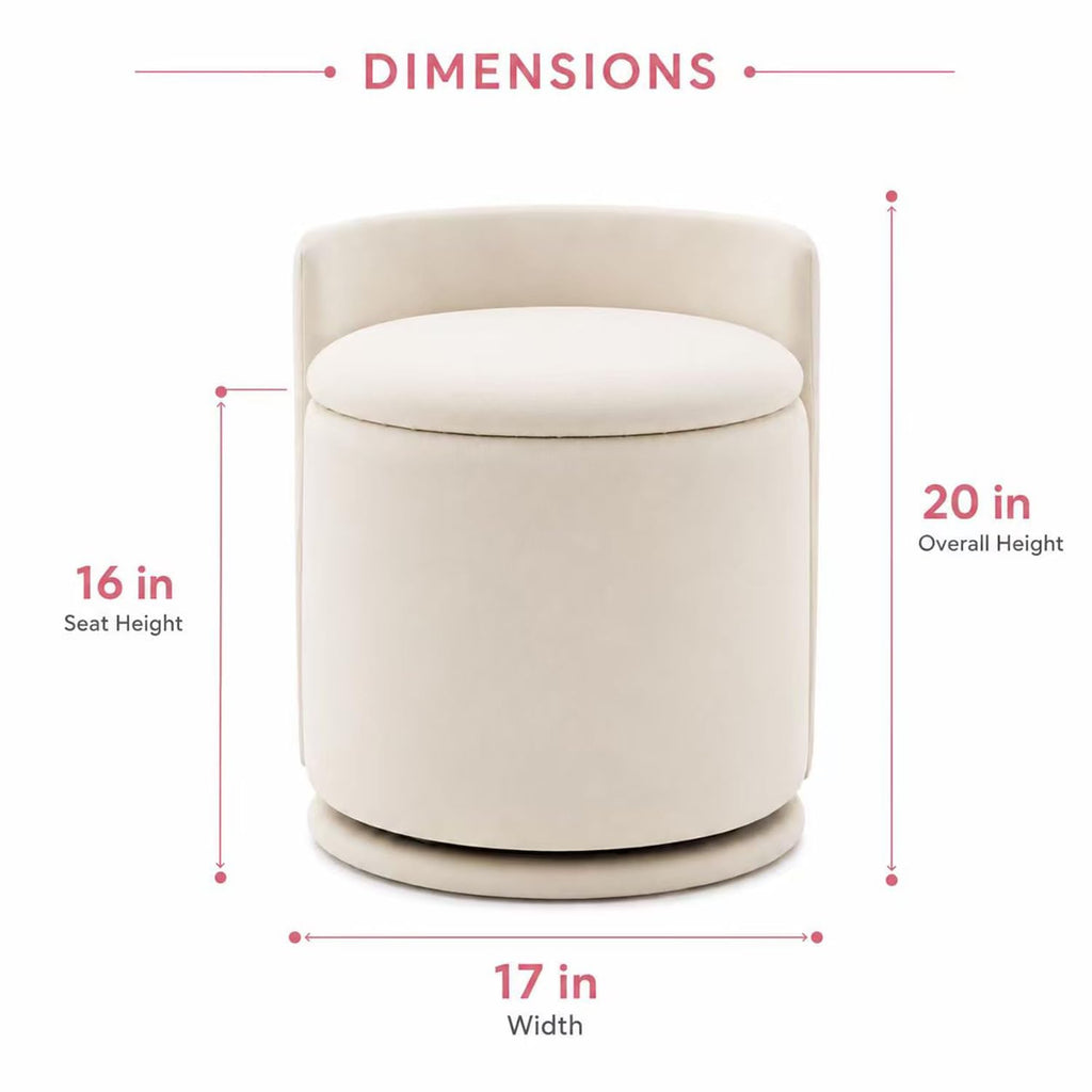 Velvet Ottoman with Storage and Back 360°Swivel Makeup Chair 17" D x 17" W x 20" H Multipurpose Soft Seat Ottoman