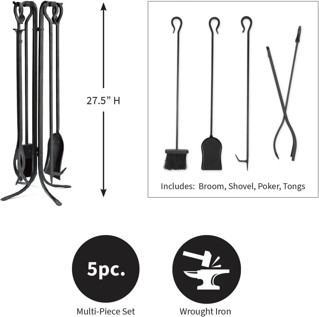 5 Piece Hand Forged Iron Compact Fireplace Tool Set 27.5" | Black Wrought Iron Handle for Outdoor Indoor | Stand