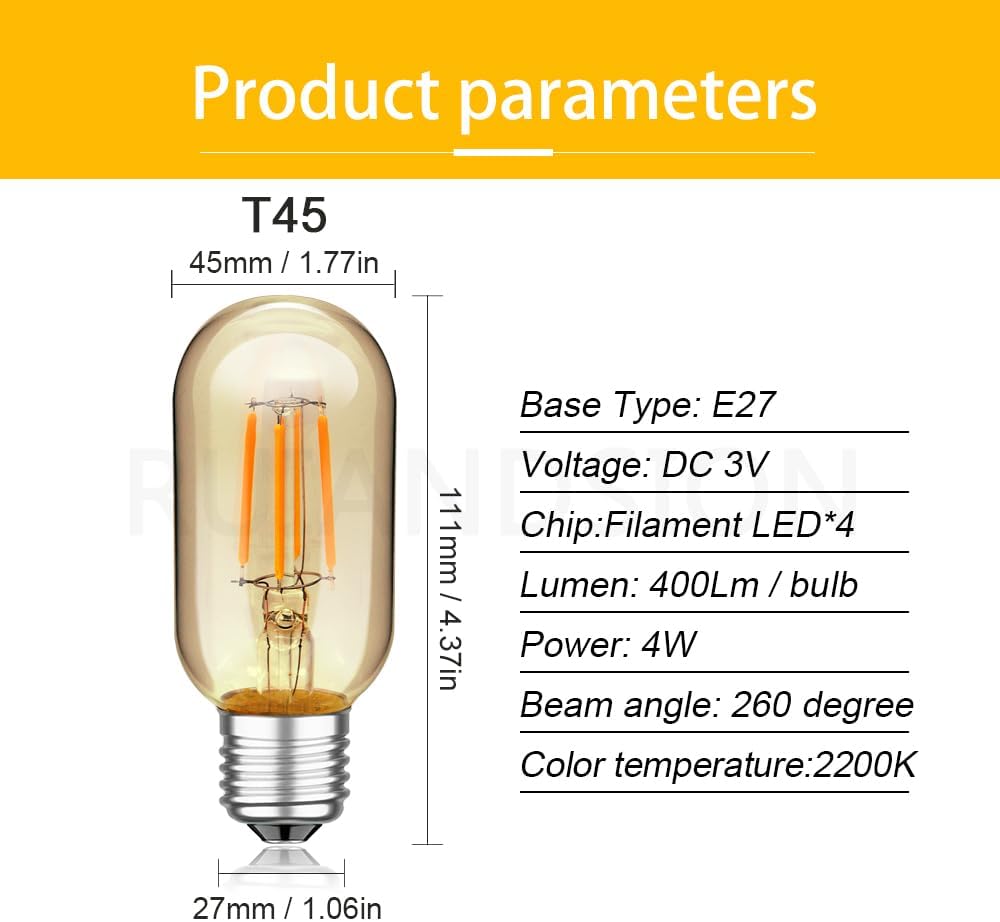 3V T45 Amber LED Bulb E27 Base for Vintage Lamps Retro 1 Pack