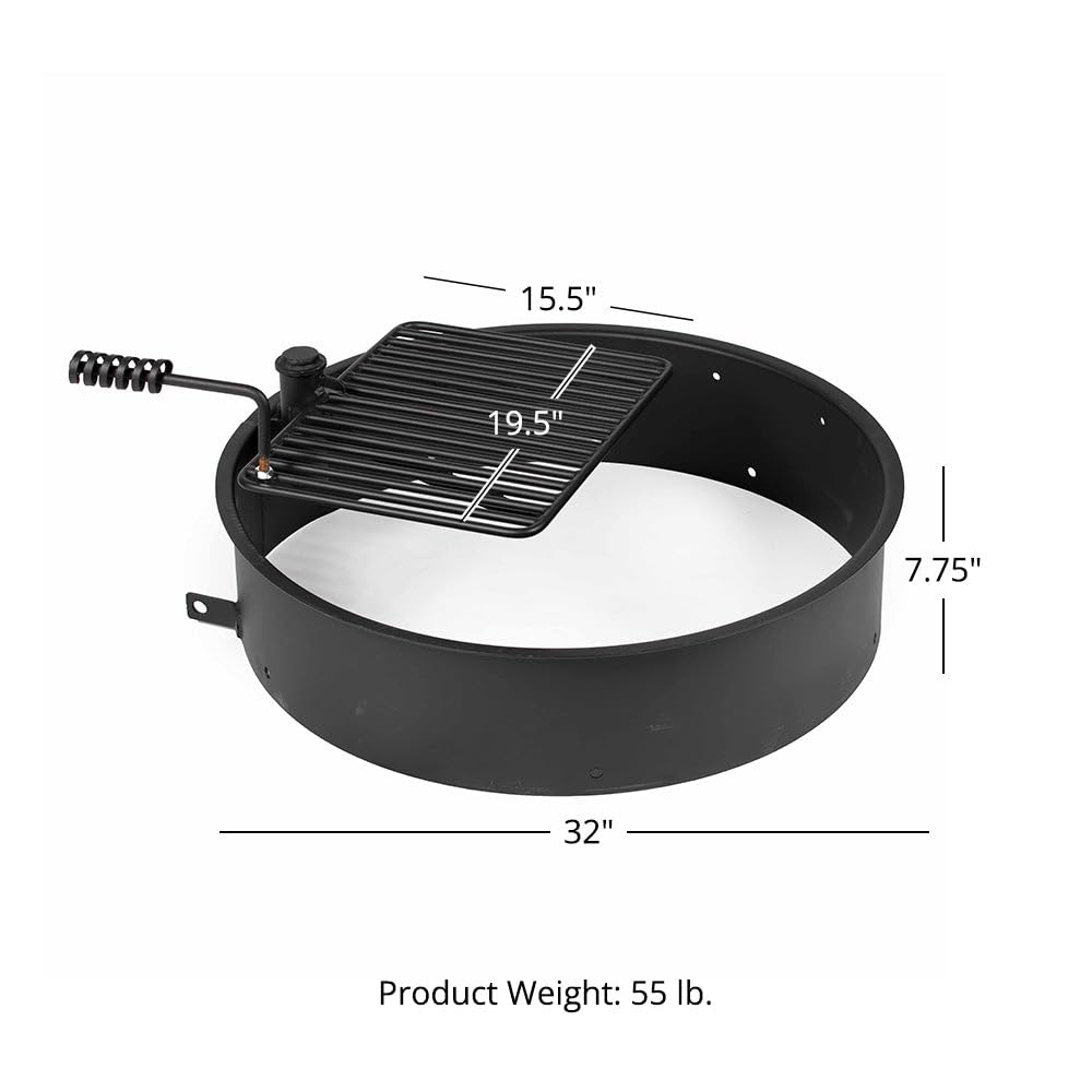 Ash & Ember 32" Steel Fire Pit Ring with Cooking Grate, 15.5" x 19.5" Swivel Grate with Spring Handle, Steel Fire