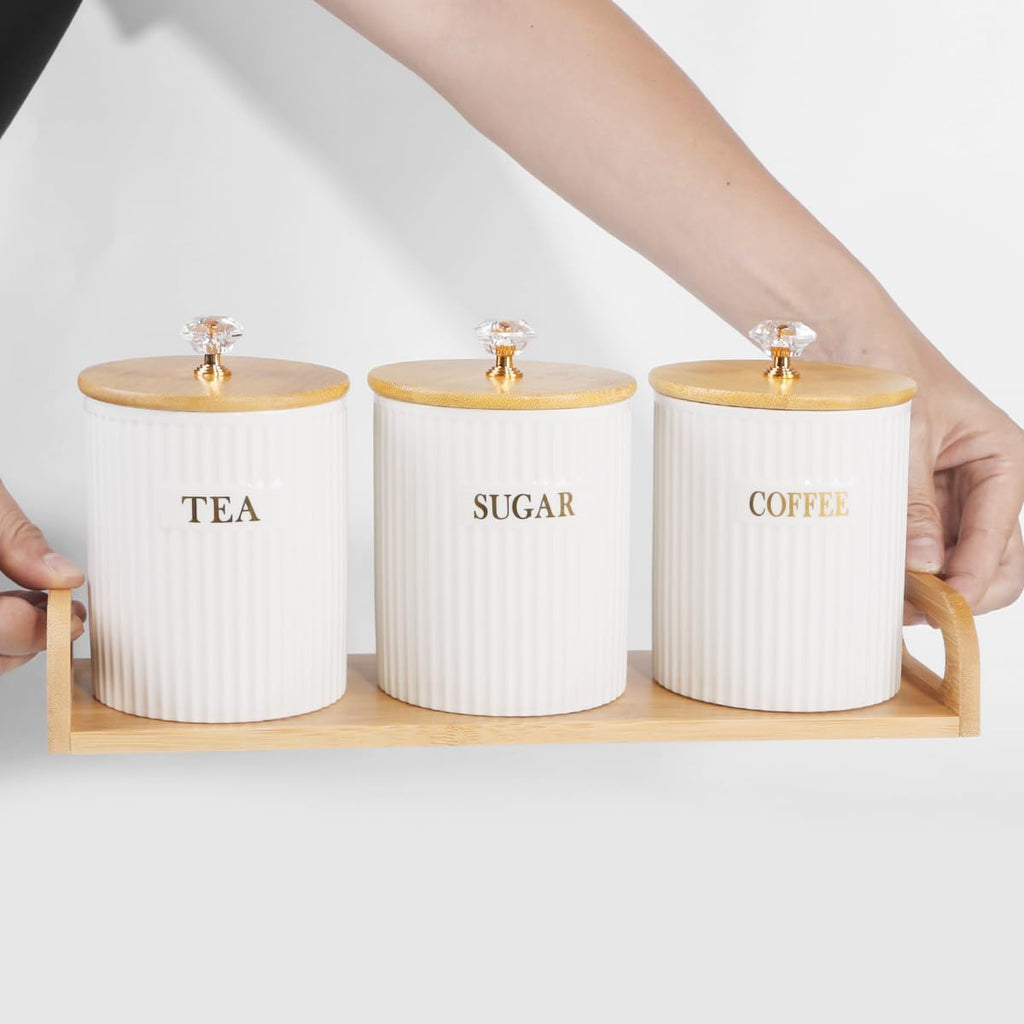 Ceramic Storage Canister for Coffee Sugar Tea, Kitchen Pantry Container with Bamboo Lids and Tray, White - Set of 3