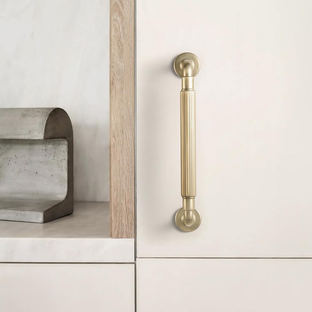 Champagne Bronze Reeded Cabinet Pulls - 6 Pack 5 Inch Modern Textured Drawer Handles with Fluted Grip & Round Rosette