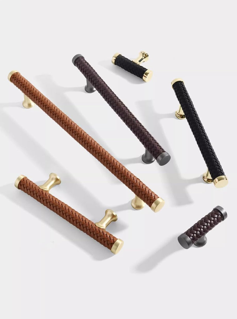 7.55" Black Braid Leather Drawer Pulls Handles Brushed Brass Cabinet Pulls Handles Unique Dresser Knob (Orange