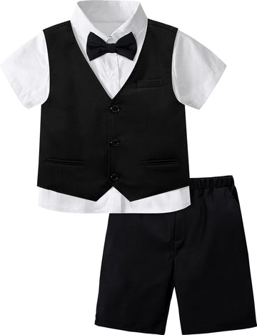 Boys Short Suit Formal Outfit 4pcs Vest, Shirt, Bow Tie