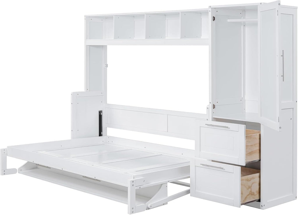 Full Horizontal Murphy Bed with Wardrobe Closet,2 Drawer,4 Storage Open Shelves,Wood Folding Murphy Wall Bed Cabinet