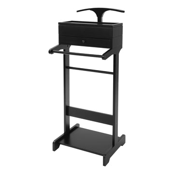 Valet Stand with Drawer and Top Tray, Wood Mens Suit Valet Stand with Wood Base, Freestanding Clothes Valet Stand