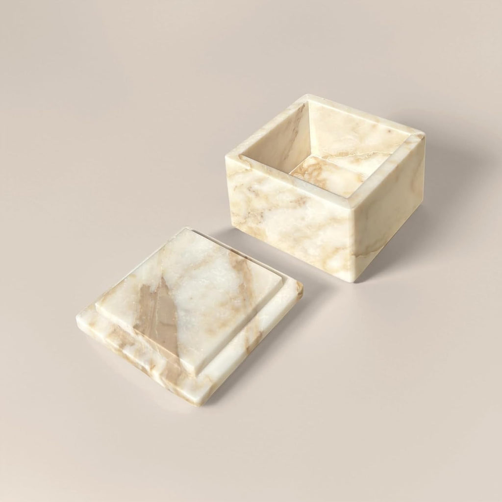 Natural Marble Ring Jewelry Box Cotton Swab Storage Box with Lid Storage Box (Calacatta Gold)