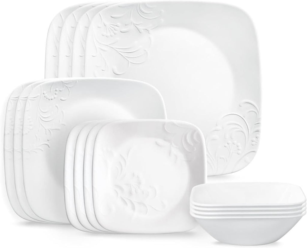 Cherish 16pc Dinnerware Set, Service for 4, 8 Plates 8 Bowls, Chip & Break Resistant, White Corelleware