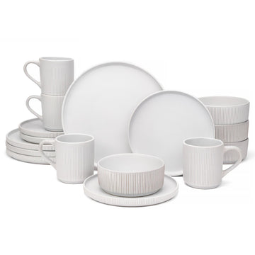 16-Piece Dinnerware Set for 4 with Mugs, Ribbed Stoneware Plates and Bowls Sets, Unique Handcrafted Reactive Glaze