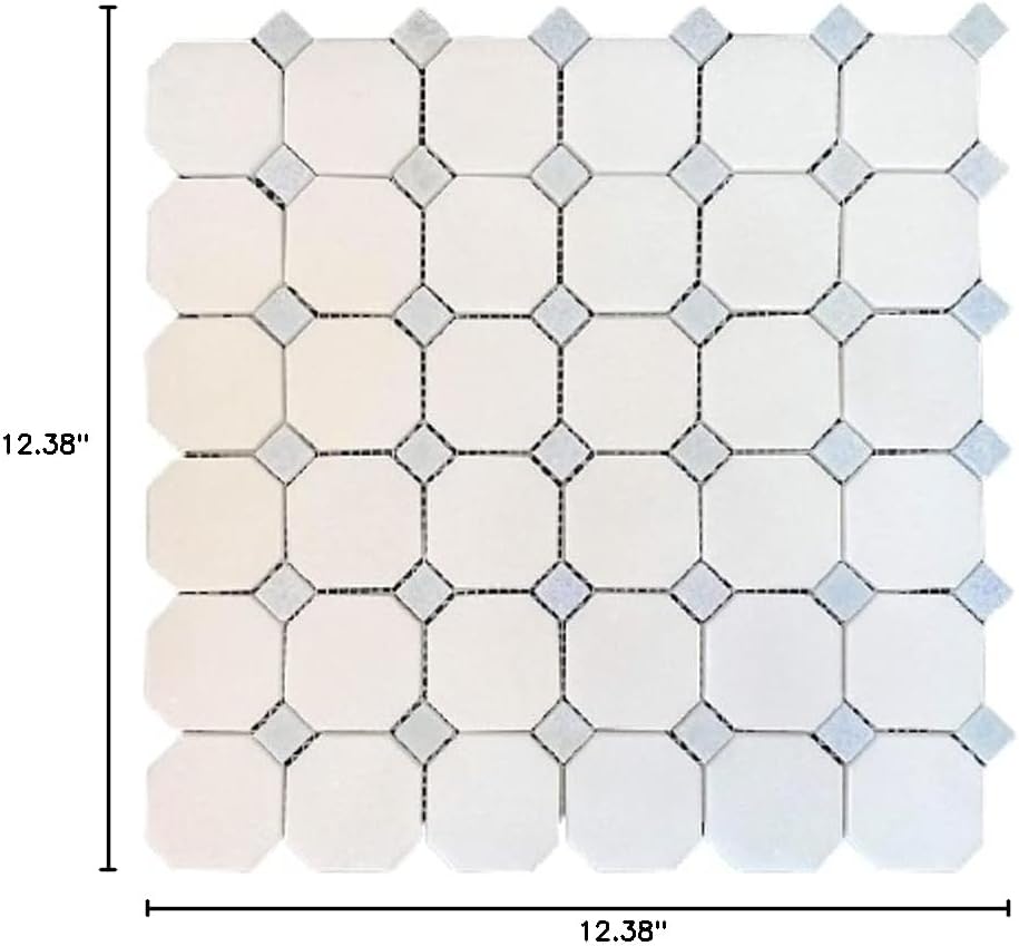 Octagon Thassos White with Sky Blue Dots Polished Marble Mosaic Floor Wall Tile (Box of 5 Sheets) Backsplash