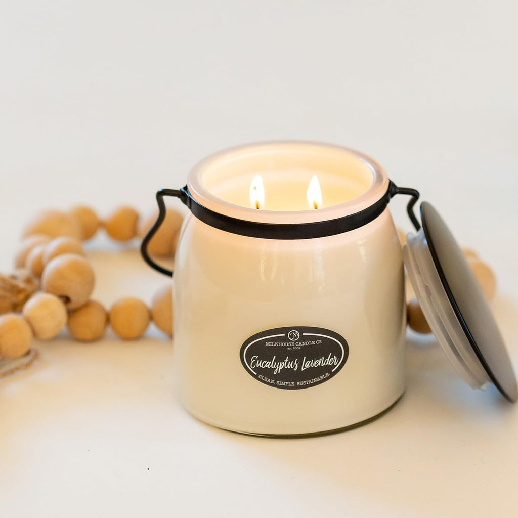 Eucalyptus Lavender Soy Candle, 16 oz Butter Jar, 65+ Hr Burn