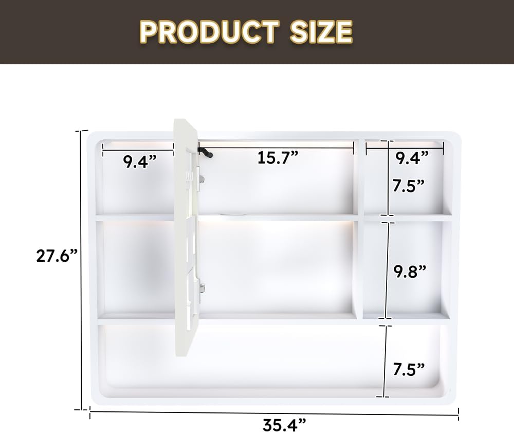 Wall Mounted Bathroom Mirror Cabinet with LED Lights, Anti-Fog Explosion-Proof, Touch Control Medicine Cabinet, 3