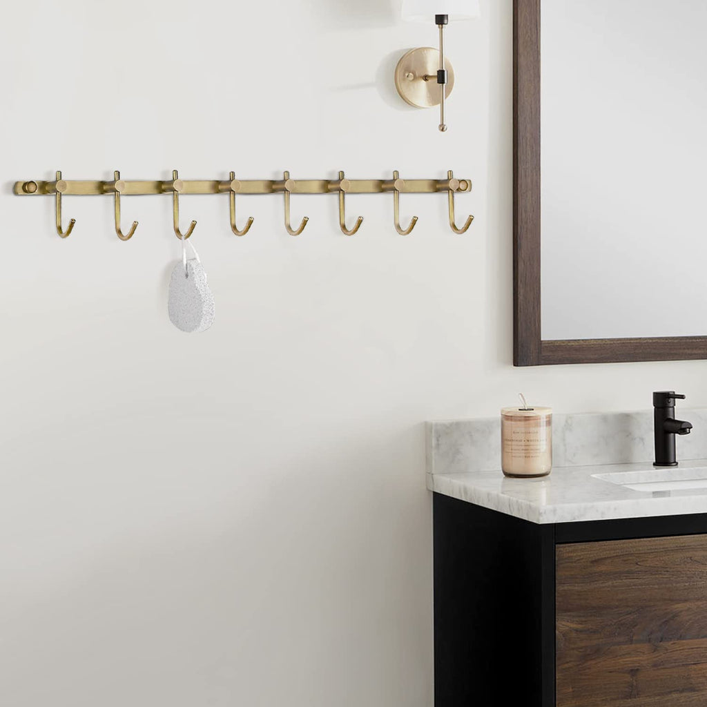 Antique Brass Hooks, 8 Hook Coat Rack, Bath Wall Mounted Vintage Brushed Brass Bathroom Row Hooks Rustic Towels Coats