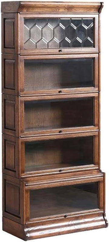 Traditional 5-Stacks Wood Barrister Bookcase, Walnut Finish, 78" H x 33" W x 16" D, Leaded Glass Top, Medium Brown