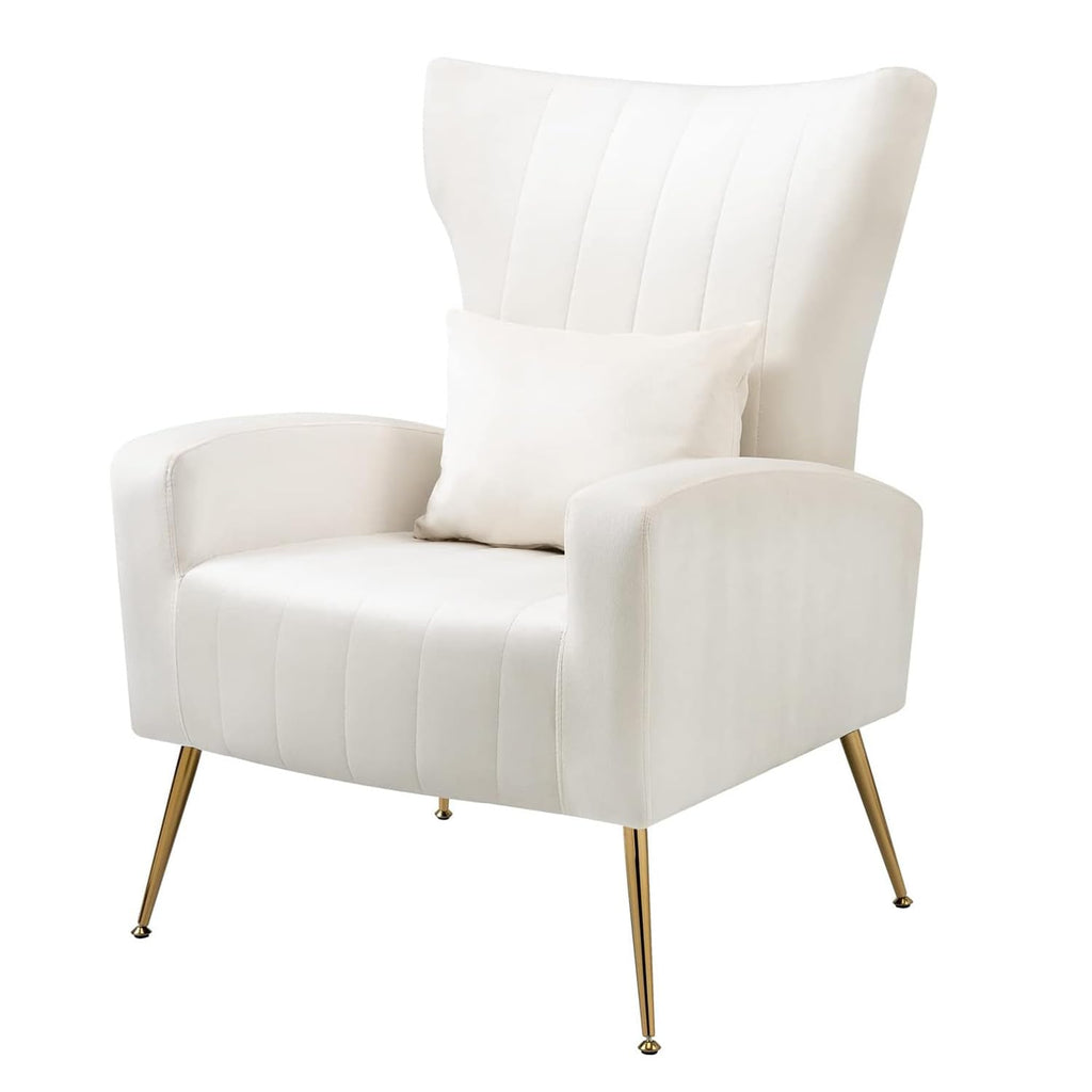 Velvet Accent Chair Bedroom, Modern Arm Chair with Wingback & Gold Metal Legs, Lumbar Pillow Included, White