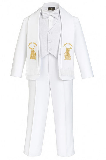 Baby Boys White Baptism Christening Paisley Lapel Tuxedo with Gold Angel Estola Scarf