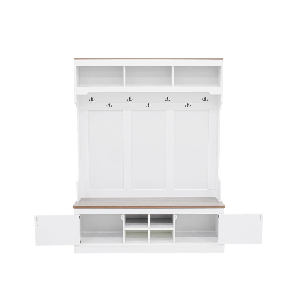 71''H Farmhouse Hall Tree with Bench and Shoe Storage, White