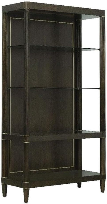 Open Shelf Etagere, 42 in W x 18 in D x 78 in H, Piano Brown Eucalyptus Wood Veneer, 4 Shelves, Glass and Wood