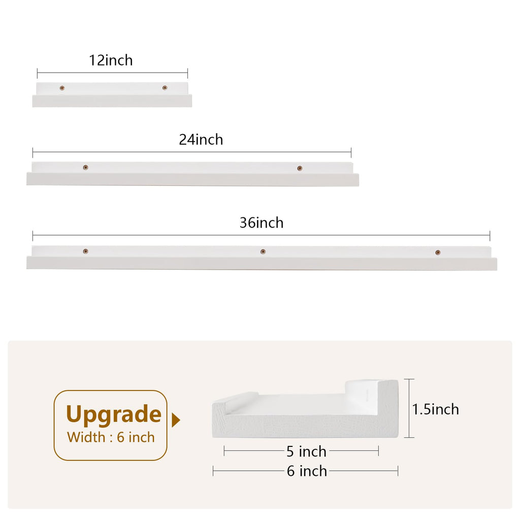Oak Floating Shelves White for Wall 36 Inch (Upgrade Width 6"), Natural Wood Wall Shelves Display Picture Ledge Shelf