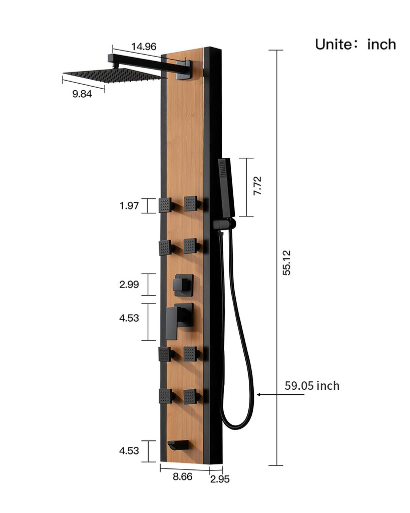 Stainless Steel Shower Panel Tower System Black and Bamboo 8 Jets