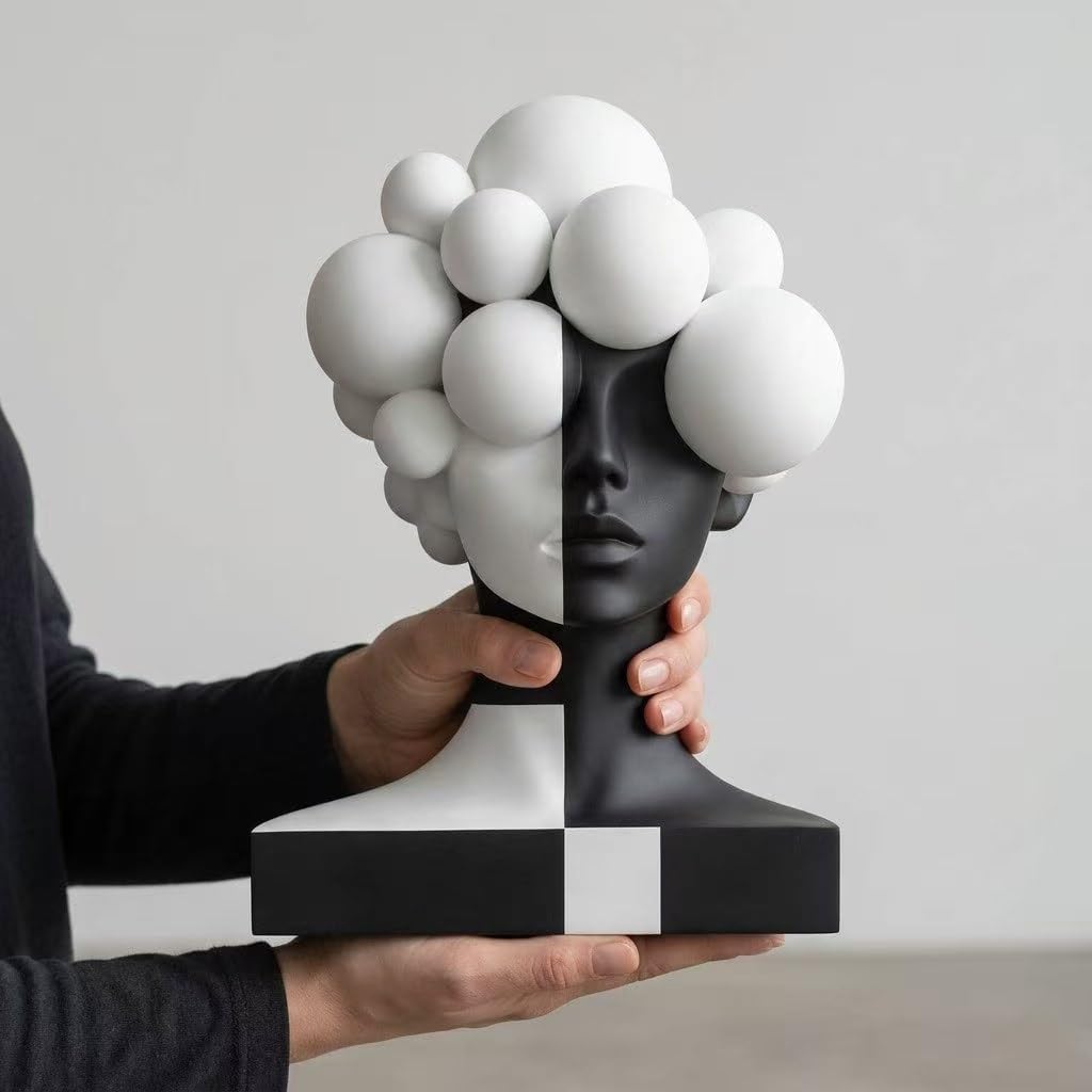 Creative Abstract Geometric Human Bust Sculpture, Resin,Black and White Color Blocking Design, Modern Art Decor